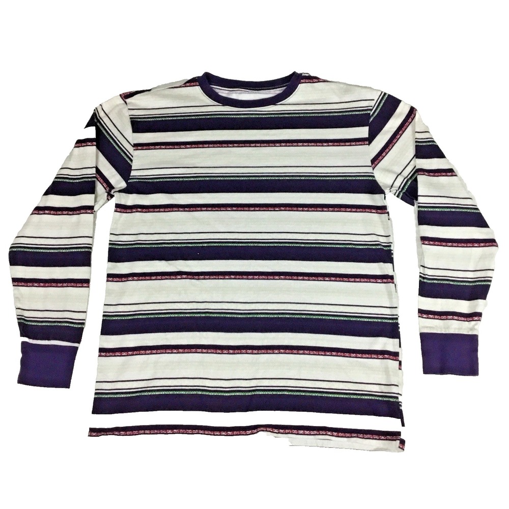 Original Use Mens Medium Boxy Striped Long Sleeve T-Shirt White Purple Cotton